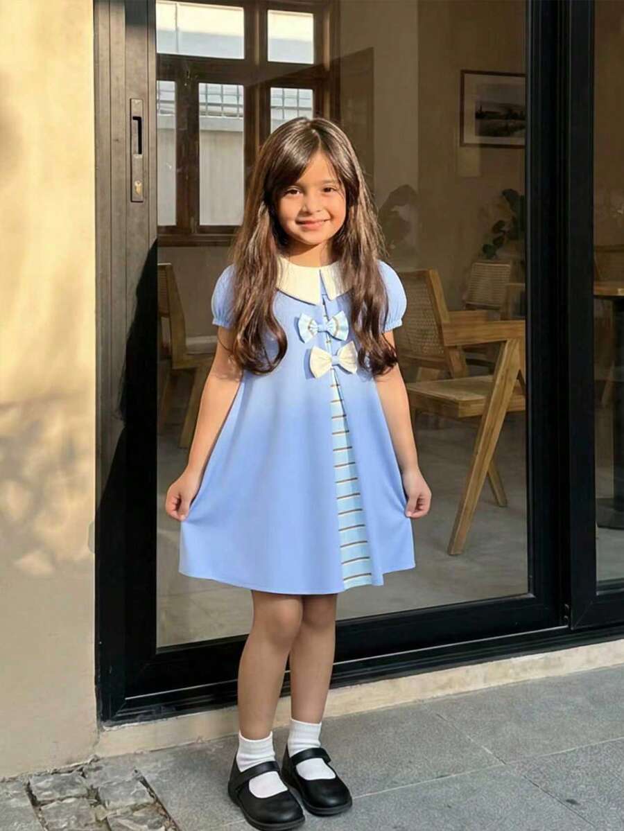 Elladie kids 女童可愛淑女風粉色編織布拼接藍色條紋蝴蝶結裝飾泡泡袖A字洋裝,夏季 - 藍色 - 查看 1