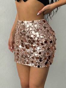 SHEIN PETITE 性感低腰亮片刺绣粉色迷你裙，适合娇小身材女性 - 粉色 - 查看 3