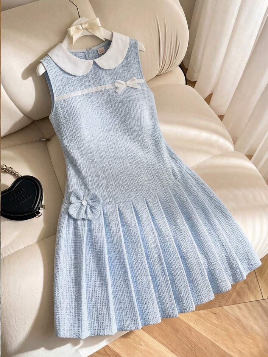 SHEIN Elladie kids 少女彼得潘领蝴蝶结3D立体花朵装饰褶皱连衣裙，适合外出、度假、家庭聚会、生日派对等场合 - 藍色 - 查看 1