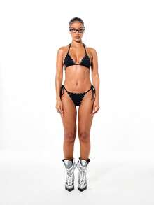 SUMWON WOMEN Women's Black Studded Triangle Bikini Set With Metallic Hardware Details Beach Summer Swimwear Two Piece - Black - View 3