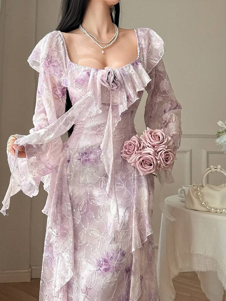 Spring Ruffled Hem Bridesmaid Wedding Guest Elegant Waist Midi Dress For Women Sundress