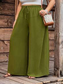 SHEIN CURVE+ Curve 尺码 US22 音乐节、海滨度假、波西米亚风女士黑色口袋抽绳腰带休闲宽松阔腿裤碎花裤，女士秋季服装 - 軍綠色 - 查看 7