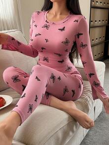 DAZY Charming Butterfly Print Fitted Women Pajama Set - Pink - View 1