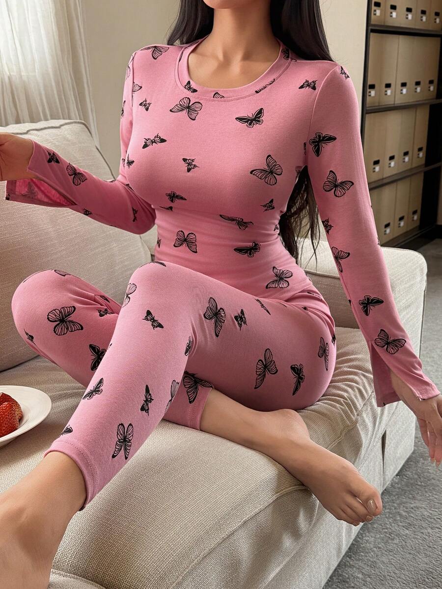 DAZY Charming Butterfly Print Fitted Women Pajama Set - Pink - View 1