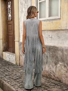 Brillora Studded Detail Fringe Hem Vest Coat In Fall/Winter - Grey - View 2