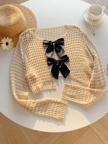 SHEIN EZwear 女士蝴蝶结系带镂空针织短款开衫 - 杏色 - 查看 5