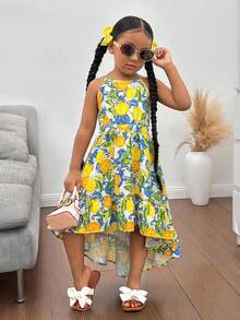 SHEIN Kleine Mädchen Kleid mit Zitronen-Muster und Rüschenärmeln, Sommerurlaub, Mutter-Tochter & Schwestern Partnerlook, Familienurlaub, Feiertage, Strandurlaub, Minimalistische ärmellose Kleid mit Blume Muster und Trägerkragen, Minimalistische ärmellose Kleid mit Blume Muster und Trägerkragen - Gelb - Übersicht 4
