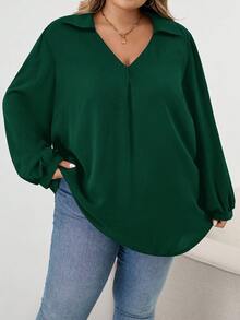 SHEIN CURVE+ 大码女装秋冬休闲宽松舒适V领黑色长袖衬衫，秋季女装，女式衬衫，大码上衣，复古风，黑色上衣，商务休闲女装，办公室女装，W码，教师衬衫，女士秋冬服装，冬季，大码 - 墨綠色 - 查看 5