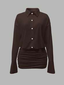 Cévolie Vestido mini con botones delanteros de unicolor de moda para mujer 2025 - Café integral - Ver 5