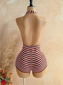 Soleia Women's Striped Pattern Halter Neck Bodycon Sexy Sleeveless Sweater Jumpsuit - Multicolor - View 2