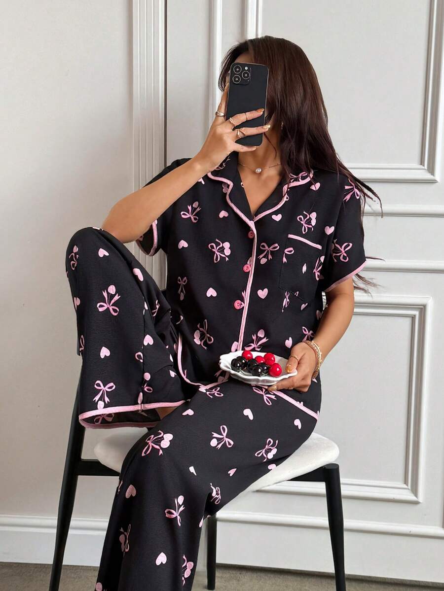 SHEIN Napfluff 2件套可爱樱花蝴蝶结印花荷叶边泡泡袖开衫睡衣女装 - 黑色 - 查看 1