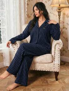 Modelyn 女士休闲宽松格子翻领长袖睡衣套装，秋冬服装 - 彩色 - 查看 4