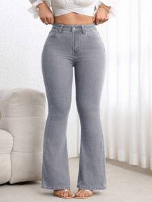 Flexra Plus Size High Waist Slim Fit Flare Leg Washed Dark Blue Jeans - Light Grey - View 5