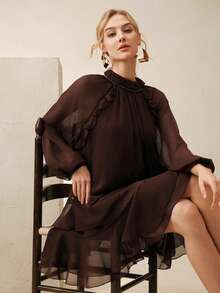 Anewsta Vestido de gasa de lujo de manga larga con pliegues y volantes elegantes de color marrón para mujer - Marrón - Ver 1