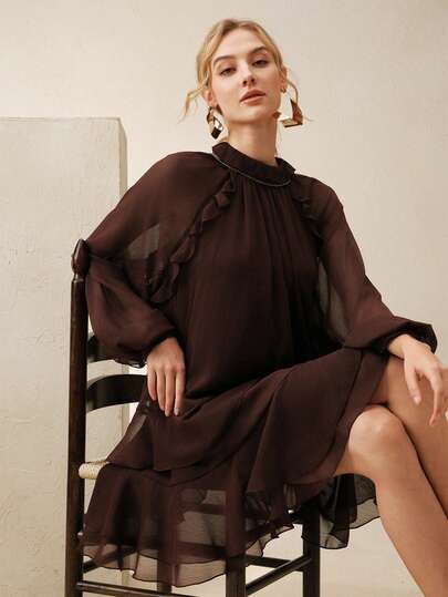 Anewsta Women's New Brown Elegant Pleated Ruffle Long Sleeve Mid-Length Luxurious Chiffon Dress