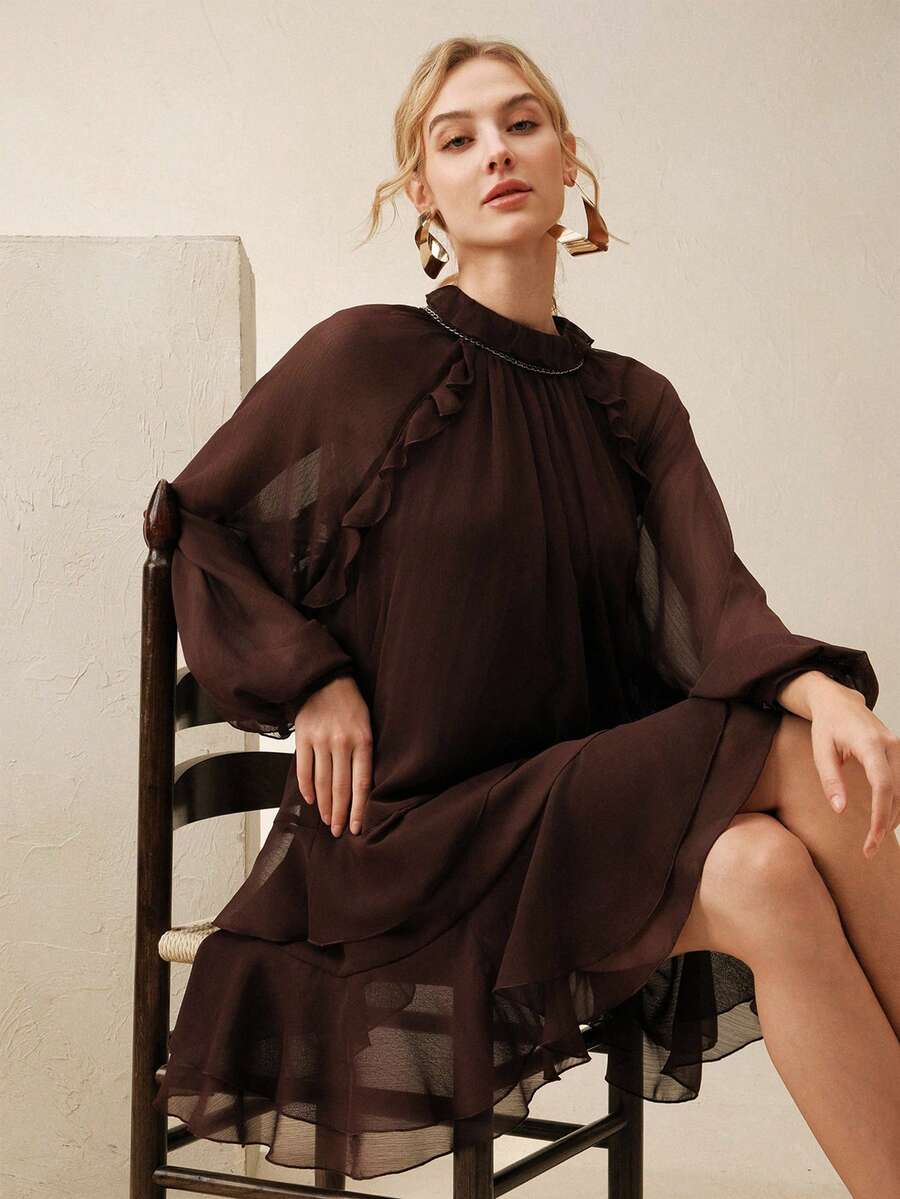 Anewsta Vestido de gasa de lujo de manga larga con pliegues y volantes elegantes de color marrón para mujer - Marrón - Ver 1