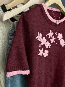 SHEIN Franclia 新款休闲宽松碎花甜美复古女式针织衫，春秋季花朵针织上衣，女士短袖针织衫，酒红色3D花朵上衣 - 酒紅色 - 查看 3