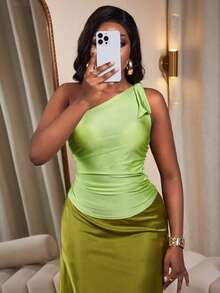 Lineaform Fashionable Asymmetric Ruched Fitted Crop Top In Lime Green,Summer,Elegant,Party Night,Neon Green,Suitable For Weddings,Galas,Holidays,Dates&Parties - Mint Green - View 8