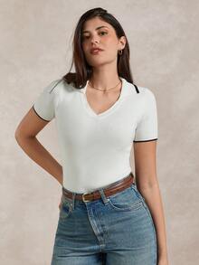 Briarwyn Women's Minimalist Contrast Trim Collared Short Sleeve Knit Top, Summer - White - View 6