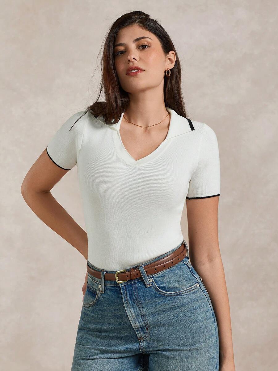 Briarwyn 女士简约撞色滚边翻领短袖针织上衣，夏季 - 白色 - 查看 1