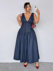 Firerie Đầm denim mùa hè cỡ lớn, kiểu dáng thường ngày, thắt eo phía trước. - Màu xanh lam - Xem 7