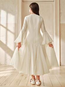 Anewsta Sweet Apricot Color Dress, Round Neck Long Sleeve Cute Girl Dress, Summer - Apricot - View 2