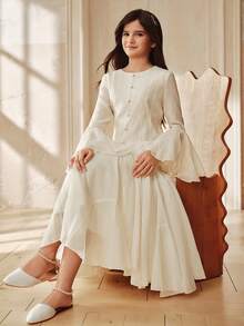 Anewsta Sweet Apricot Color Dress, Round Neck Long Sleeve Cute Girl Dress, Summer - Apricot - View 5
