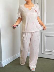 Napfluff CURVE Napfluff CURVE Plus Size Pajama Set, Knit Ribbed Fabric, Bow & Cherry Print, Short Sleeve Top And Long Pants, Cute & Sweet Casual Loungewear - Pink - View 2