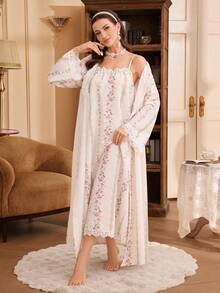 PalaceNights Floral Print Lace Decorated Loose Long Sleeve Robe, Camisole Slip Dress With Ruffle Trim, Woven Textured Fabric Women Pajama Set - Apricot - View 3