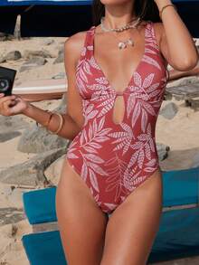 Swim Vcay Women's Elegant Tropical Leaf Print Deep V-Neck Backless Jumpsuit In Red-Brown - Multicolor - View 3