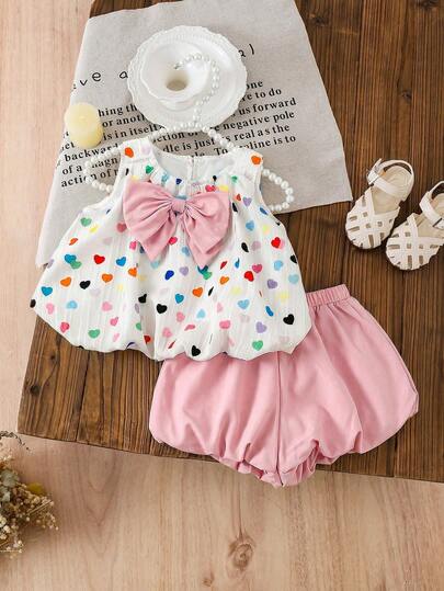 LMoss Kids Baby Girl Woven Patchwork 3D Bow Round Neck Sleeveless Top And Shorts 2 Pieces Set