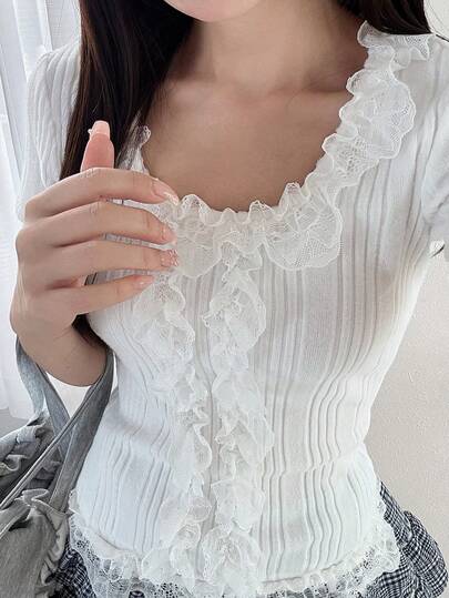 FRIFUL 女士春夏短袖纯色拼接薄纱蕾丝面料时尚修身百搭T恤