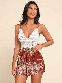 Coeurva Tie Back Crochet Cami Top & Paperbag Waist Floral Shorts Set Two Pieces Set - Multicolor - View 7