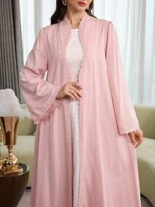 Graceveil عباءة نسائية فضفاضة طويلة الأكمام مزينة بالتطريز والدانتيل الأنيق - وردي - مشاهدة 1
