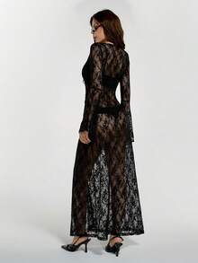 SHEIN ICON 夏季女士嬉皮黑色哥特波西米亚风外出派对科切拉音乐节俱乐部薄纱沙滩罩衫纯色蕾丝薄纱喇叭袖连衣裙 - 黑色 - 查看 2