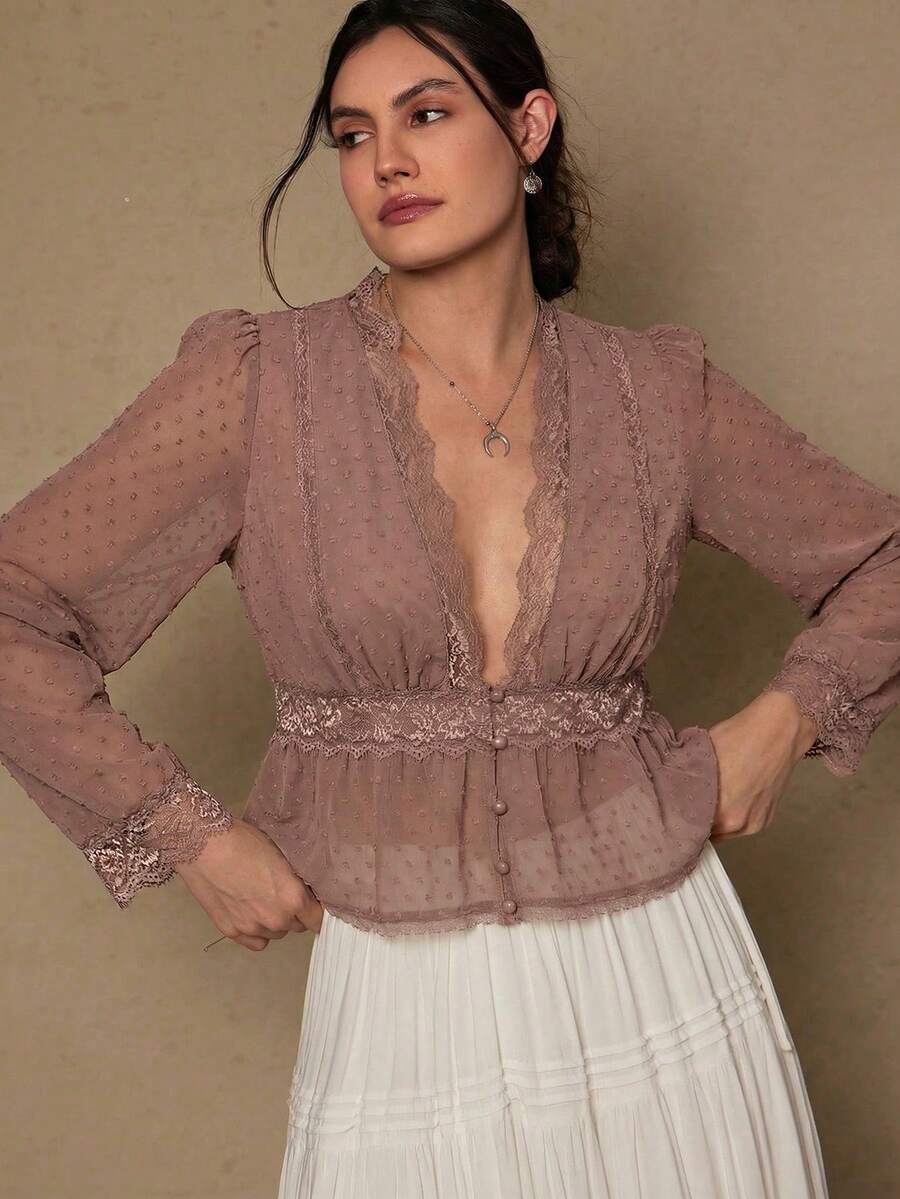 Freevana Plus Size Romantic Elegant Black Lace Patchwork Long Sleeve Blouse For Women - Brown - View 1