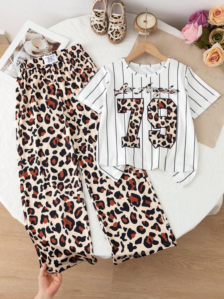 Sparklyn Tween Girl Leopard Print, Letter & Striped Short Sleeve T-Shirt And Wide Leg Pants Casual Outfit - Multicolor - View 1