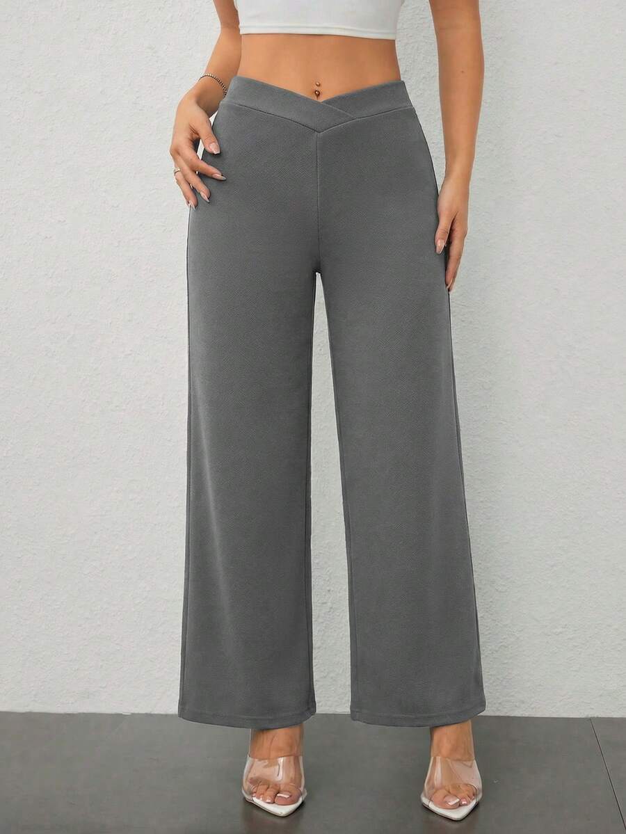 SHEIN PETITE 女士休闲优雅修身直筒裤 - 灰色 - 查看 1