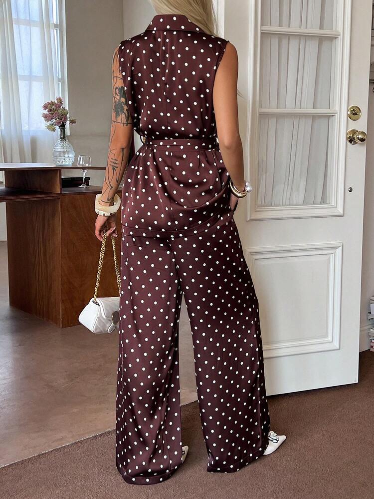 Vintage Polka Dot Sleeveless Collared Top And Casual Pants 2 Pieces Set, Wine Red, Summer