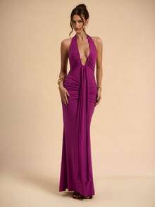 SHEIN BAE Plum, Deep Rose Red Sexy Deep V-Neck Maxi Elegant Halter Dress, Graceful Long Dress For Women, Spring/Summer - Hot Pink - View 4