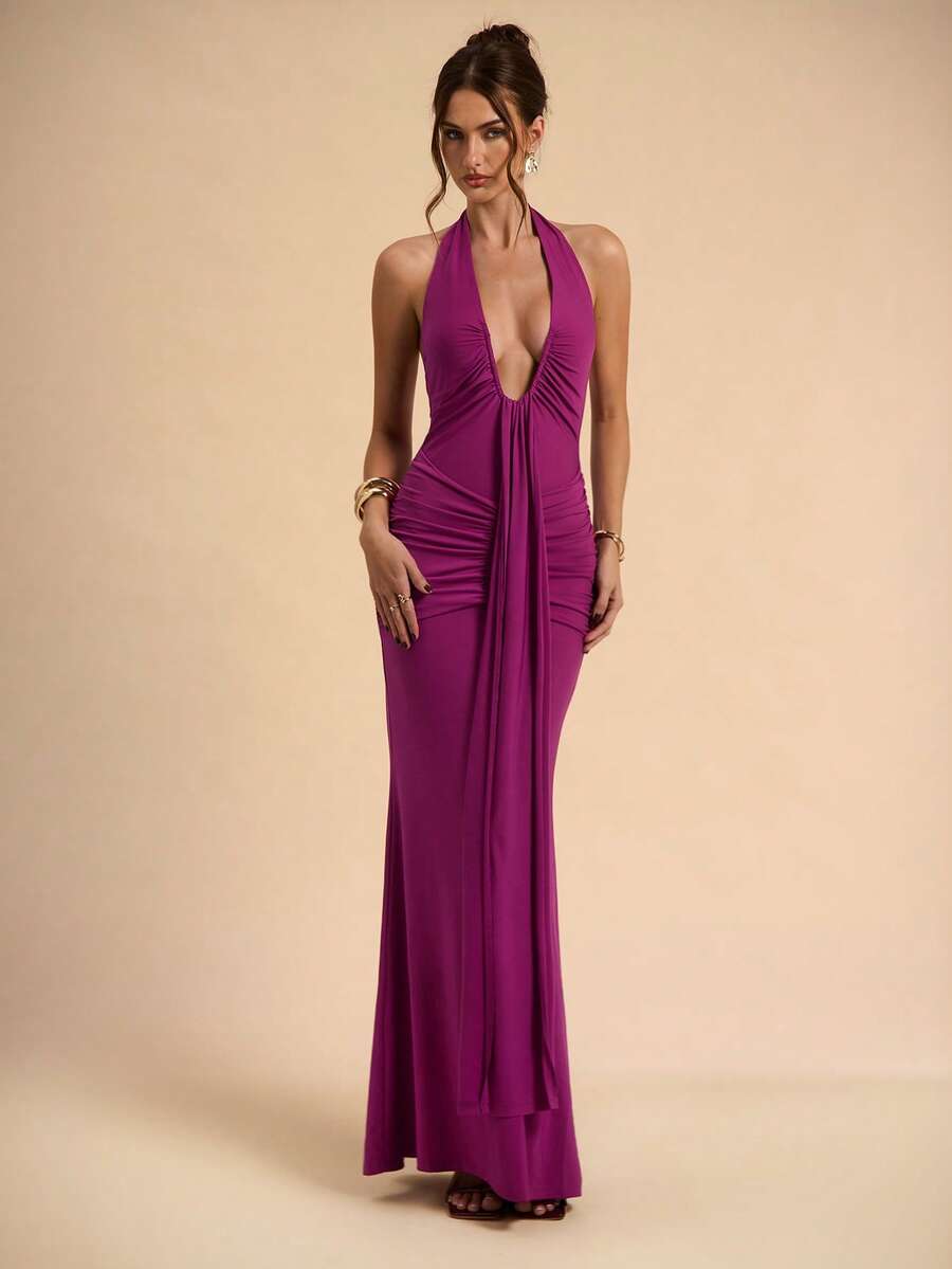 SHEIN BAE 李子色、深玫瑰红性感深V领优雅吊带长裙，女士优雅长裙，春夏款 - 玫紅色 - 查看 1