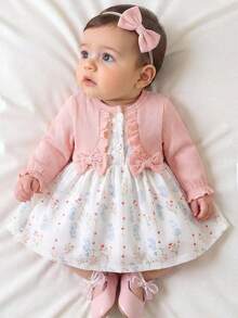 SHEIN 新生女宝宝红色蕾丝长袖碎花爱心印花连衣裙及配套发带两件套，优雅甜美可爱，适合秋季日常户外休闲活动。 - 粉色 - 查看 1