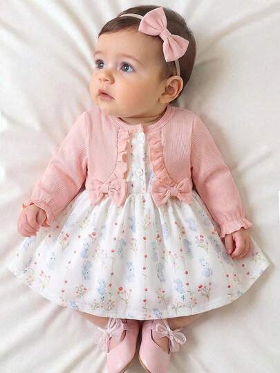 SHEIN Conjunto de 2 piezas de vestido de manga larga con estampado floral de corazón de encaje rojo y diadema a juego para bebé niña recién nacida, elegante, dulce y lindo, adecuado para actividades al aire libre diarias en otoño