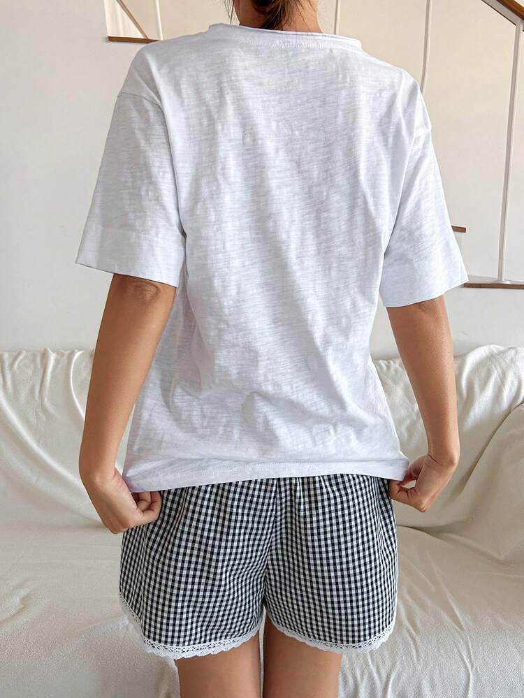 Solid Color T-Shirt Top & Plaid Ruffle Trim Shorts Women Casual Pajama Set