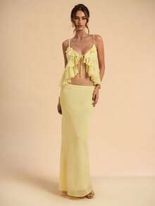 SHEIN BAE 2pcs/Set Women's Solid Yellow Backless Tie Strap Ruffle Camisole Top & Low Waist Skirt, Textured Pleated Beach Resort Outfit, Summer Yellow Set - Light Yellow - View 4