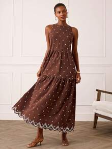 Lilora 女士优雅夏季复古碎花荷叶边连衣裙 - 棕色 - 查看 5