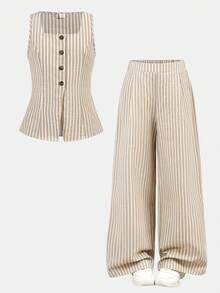 Firerie Kids 2pcs Tween Girls Casual Outfit - Vest Top + Loose Pants Set, Fashionable, Versatile, Suitable For Party, Outing, Photoshoot With Sisters, Park, Camping, Vacation, Daily Wear - Khaki - View 12