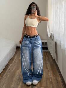 StreetHx Women's Punk Style Casual Street Fashion Versatile Loose Fit Denim Jeans - Medium Wash - View 4