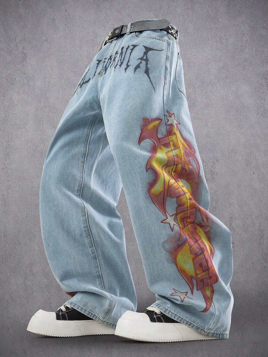 Manfinity EMRG Faded Blue Straight Loose Fit Denim Jeans With Graphic Print Slogan, Casual Street Style For Spring/Summer Graphic Baggy Jeans Flame Pants - Blue - View 1