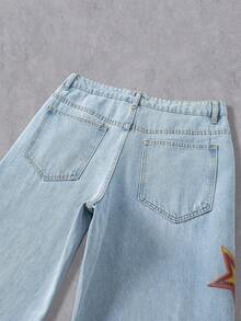 Manfinity EMRG Faded Blue Straight Loose Fit Denim Jeans With Graphic Print Slogan, Casual Street Style For Spring/Summer Graphic Baggy Jeans Flame Pants - Blue - View 4